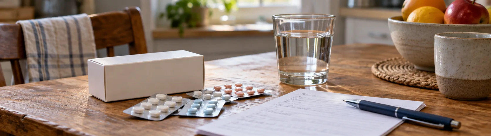 علبة دواء وشرائط أقراص وقلم وقائمة أدوية على طاولة مطبخ
