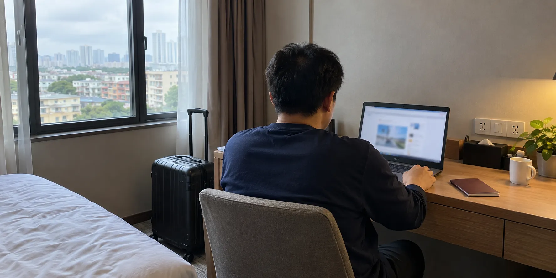 A traveler checking travel information on a laptop in a hotel room