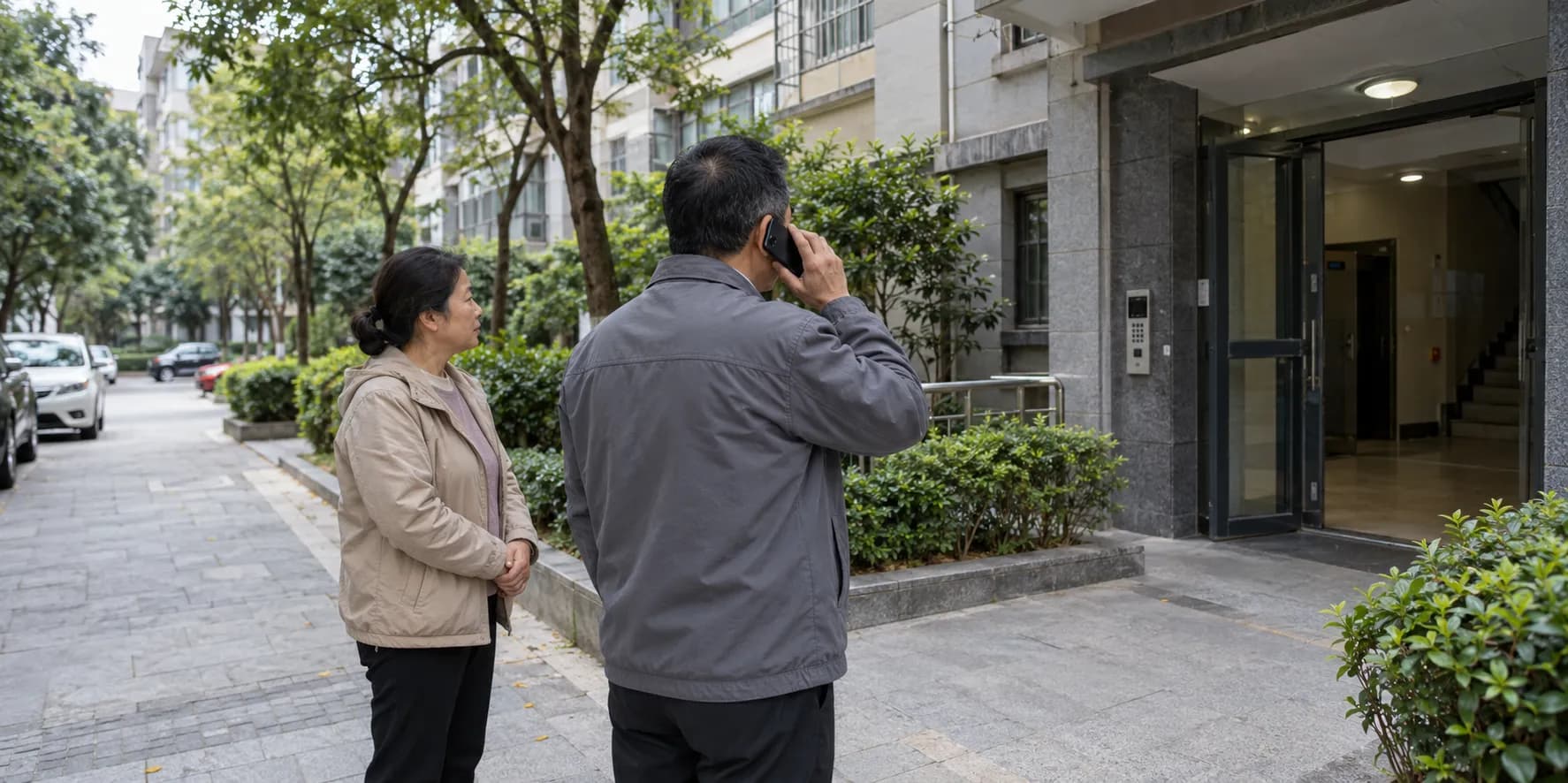 An adult calling on a phone outside a building while a companion waits nearby