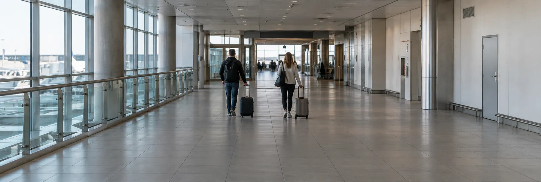 Two adult travelers walking through an airport with separate suitcases