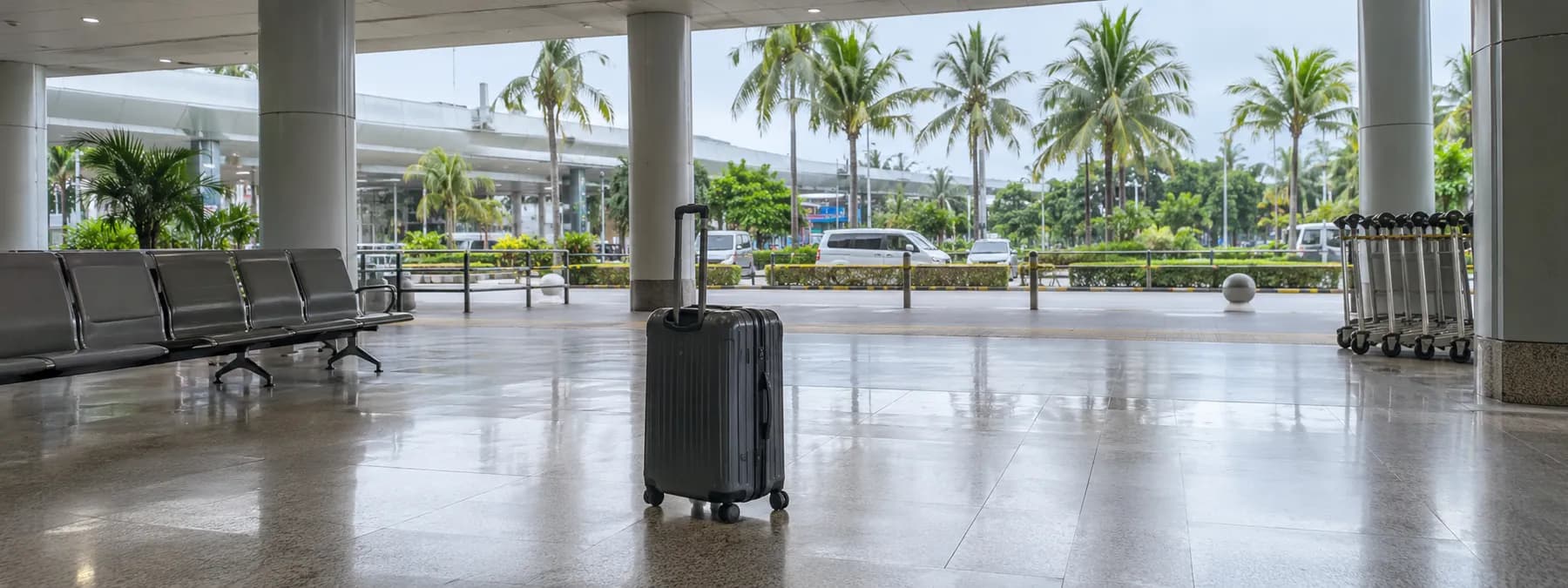 A suitcase beside an airport window overlooking palm trees