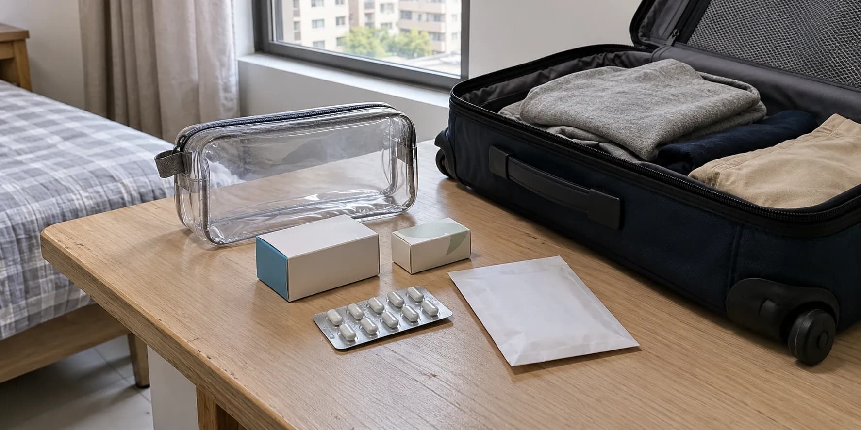 Medicine cartons, a sealed blister pack and a travel pouch beside luggage