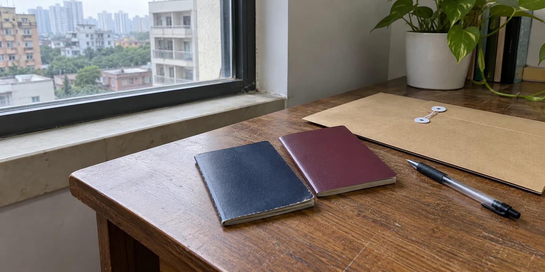 Two closed travel document holders beside a records folder on a desk