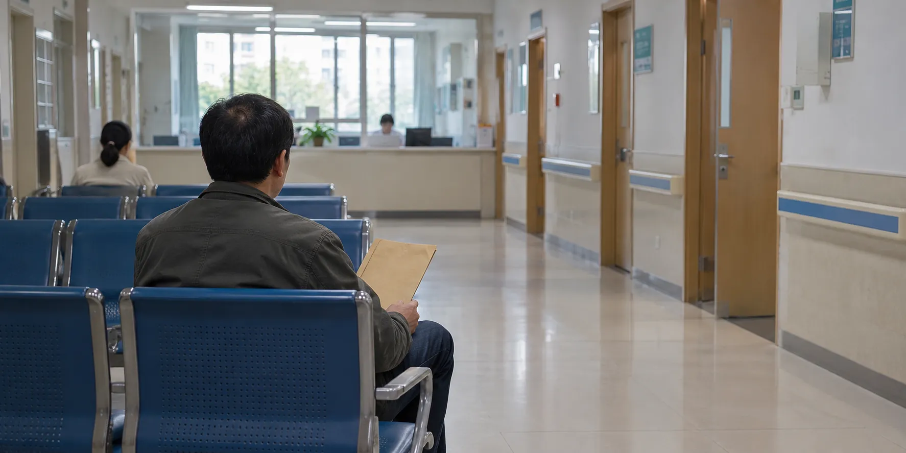 A visitor holding a records folder in an outpatient waiting area