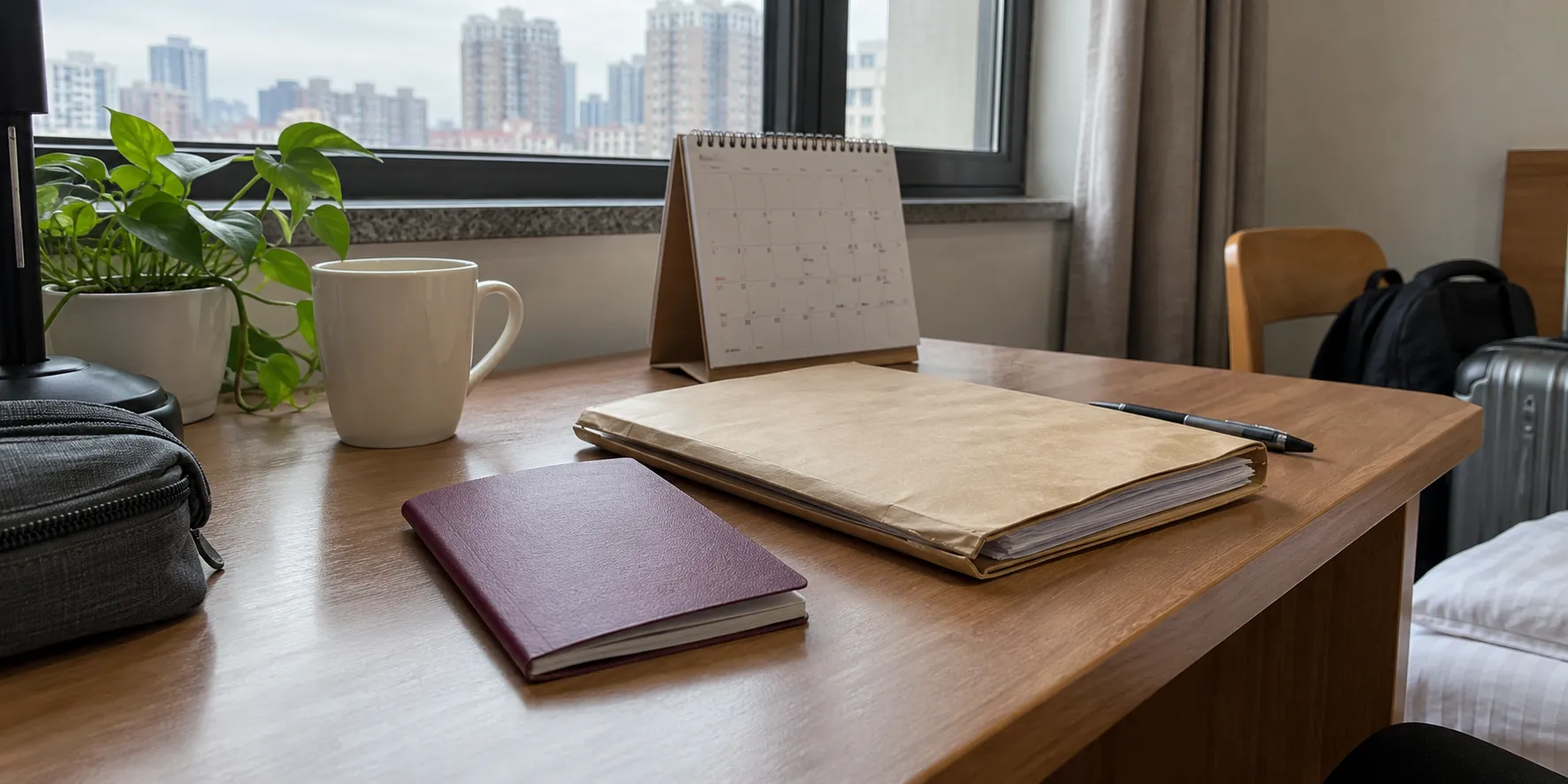 A travel document holder, records folder and calendar on a desk