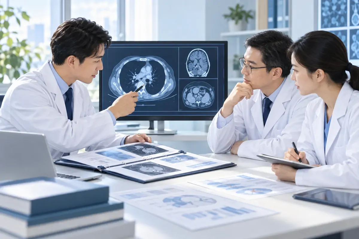 Illustration of three clinicians reviewing imaging and medical records in a multidisciplinary consultation
