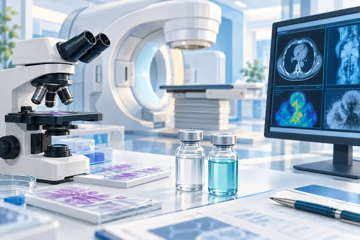 Illustration of cancer treatment options showing radiotherapy equipment, a pathology microscope and medicines